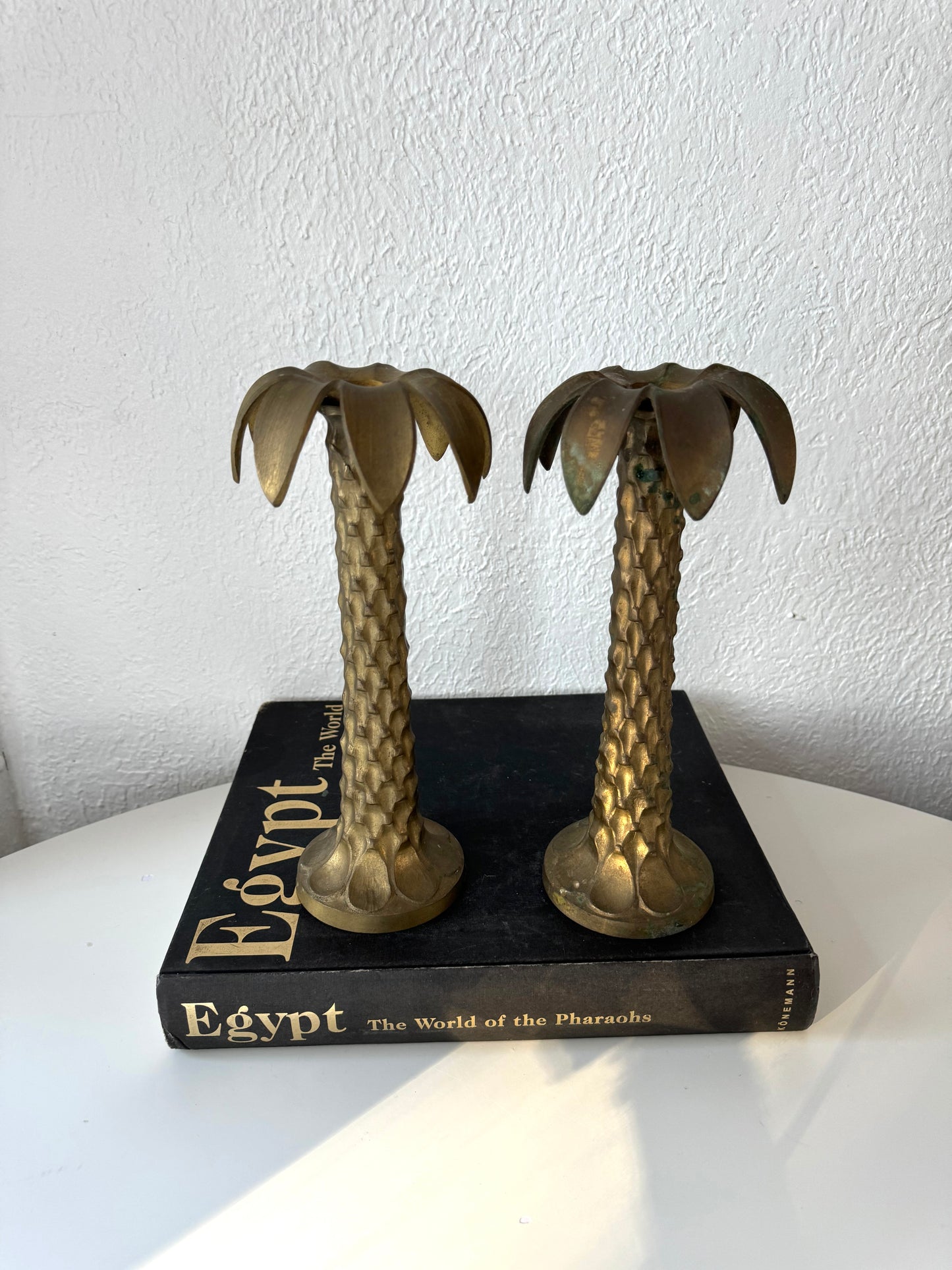 Solid MCM brass palm tree taper candlestick holders | Set 2