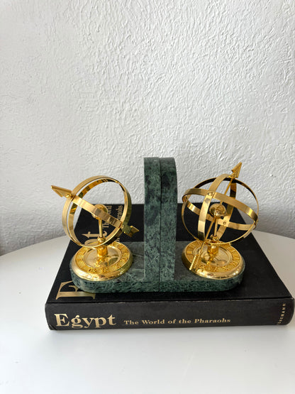 Solid marble + gold Armillary sphere sundial bookends | Set 2