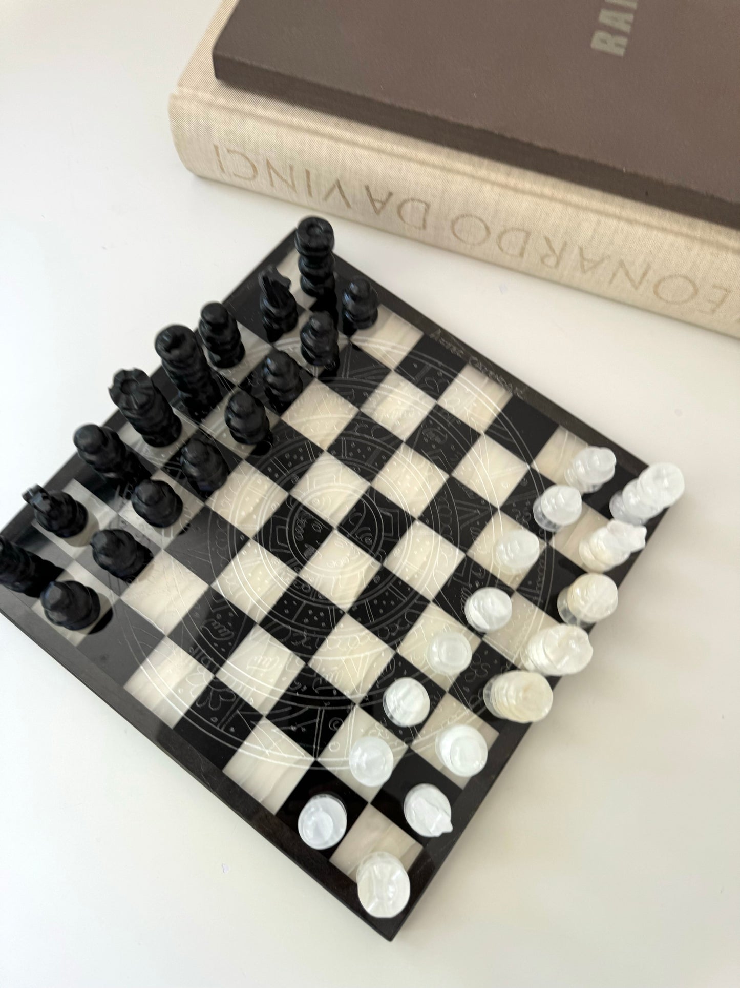 Onyx + marble etched Aztec calendar chess set