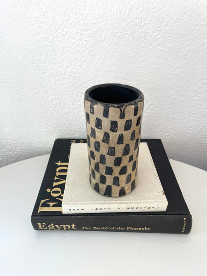 Vintage handmade checkered pottery utensil holder | catchall