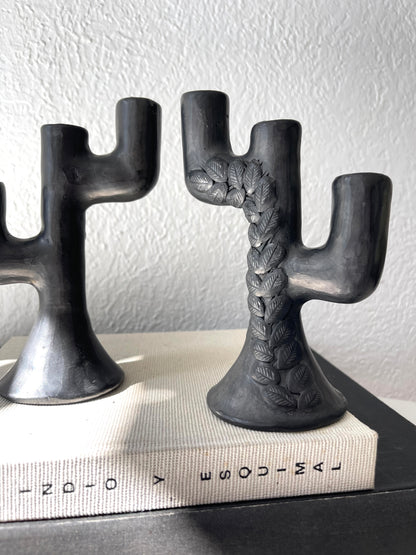 Vintage black pottery hand sculpted taper candlestick holders | Set 2