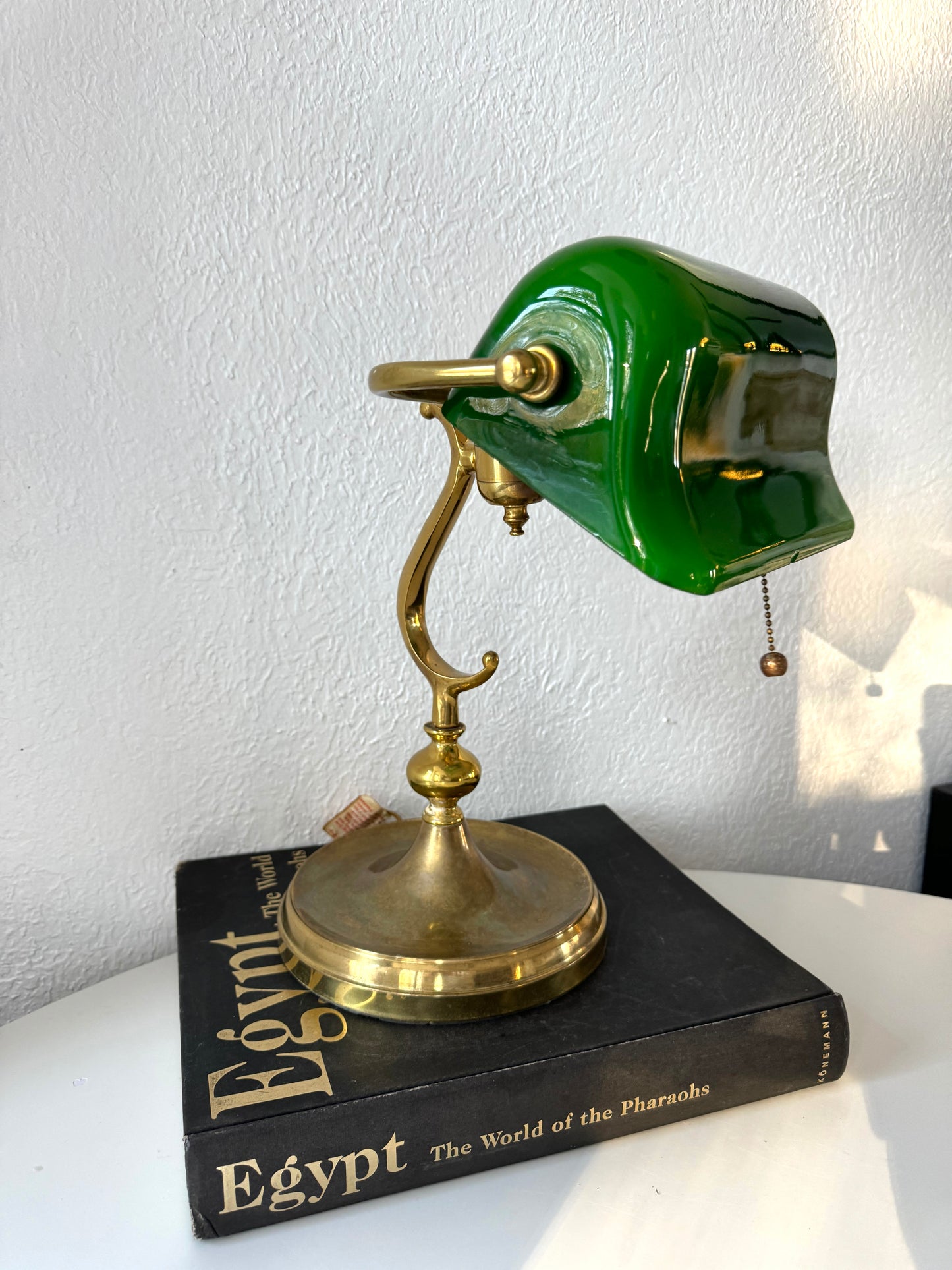 MCM green glass + brass base bankers table lamp
