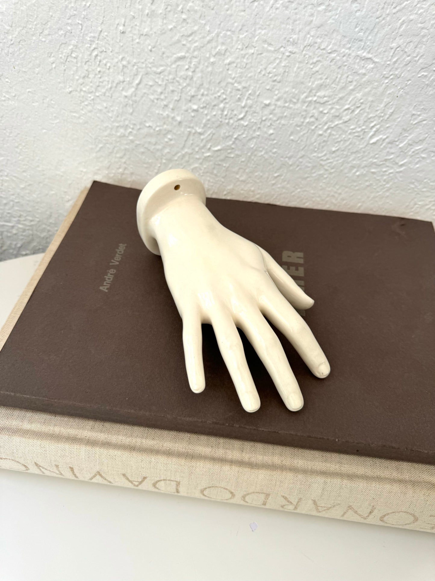 White glazed ceramic hand sculpture | vintage bathroom wall hanging decor