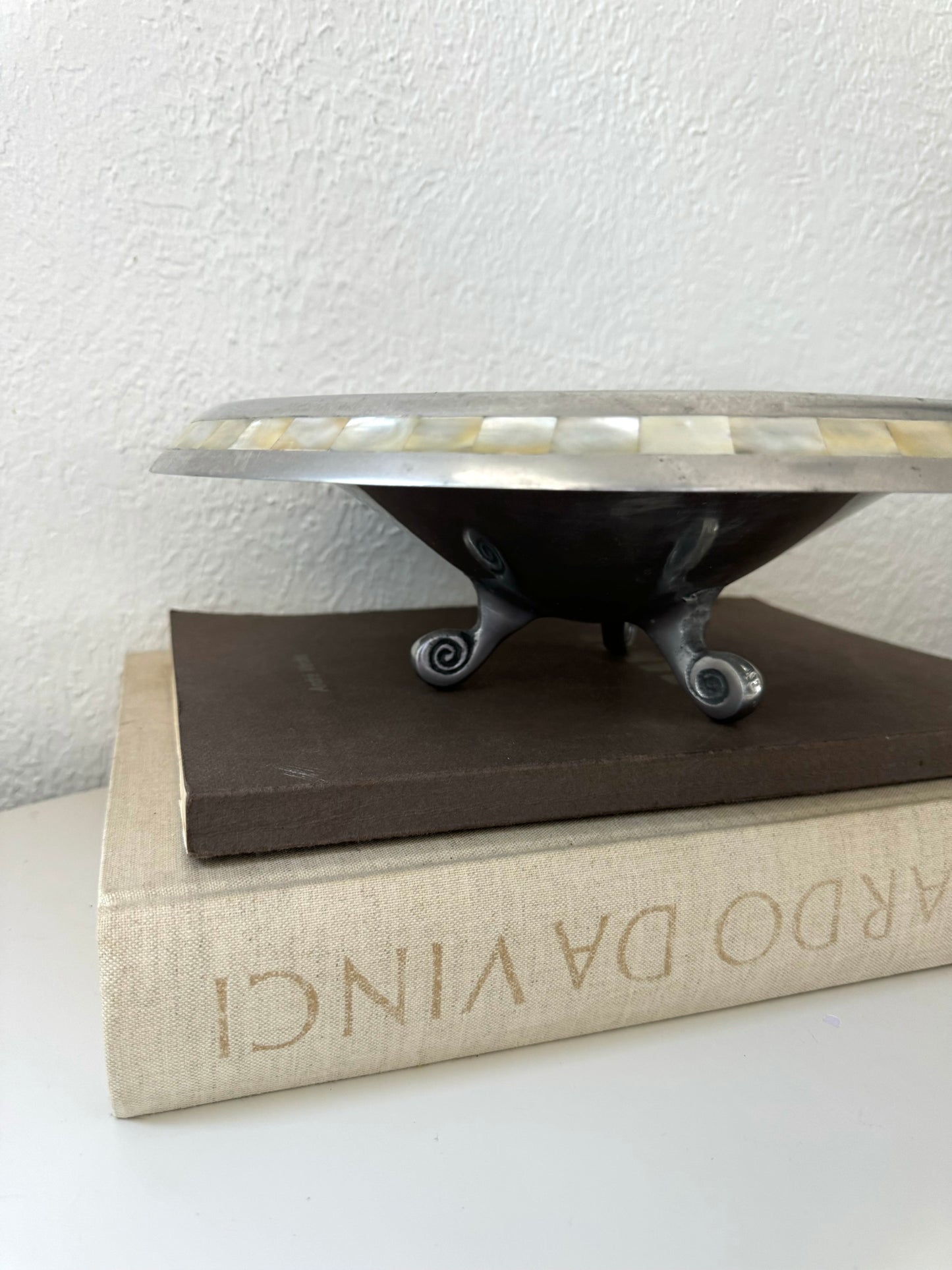 Large pewter | aluminum | mother of pearl footed serving bowl | centerpiece serving bowl