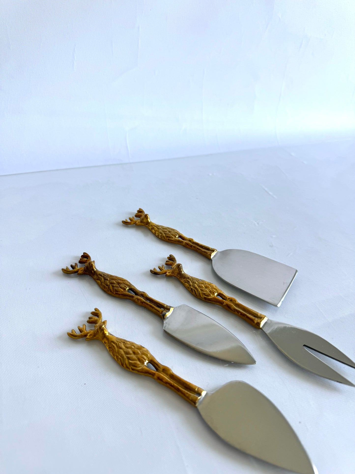 Set of 4 gold | silver tone reindeer cheese serving utensils | vintage Christmas kitchenware