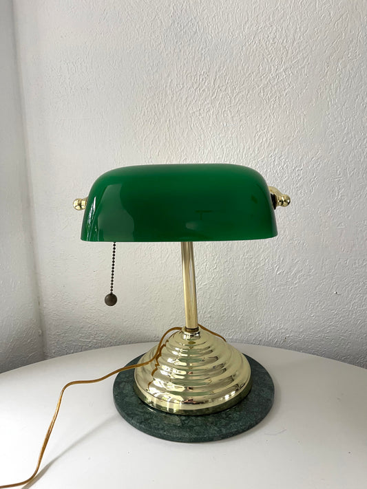 Vintage brass bankers lamp w/ green glass shade