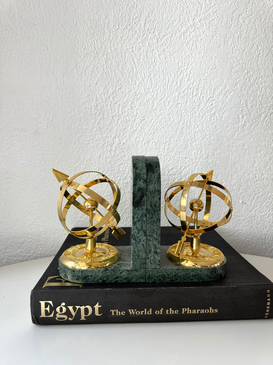 Solid marble + gold Armillary sphere sundial bookends | Set 2