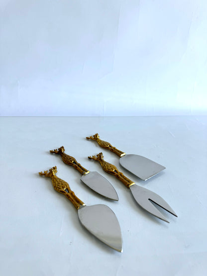 Set of 4 gold | silver tone reindeer cheese serving utensils | vintage Christmas kitchenware