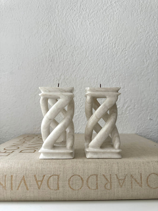 Pair of Avana spiral hand carved stone piller candle holders | Set 2 | Made in Peru