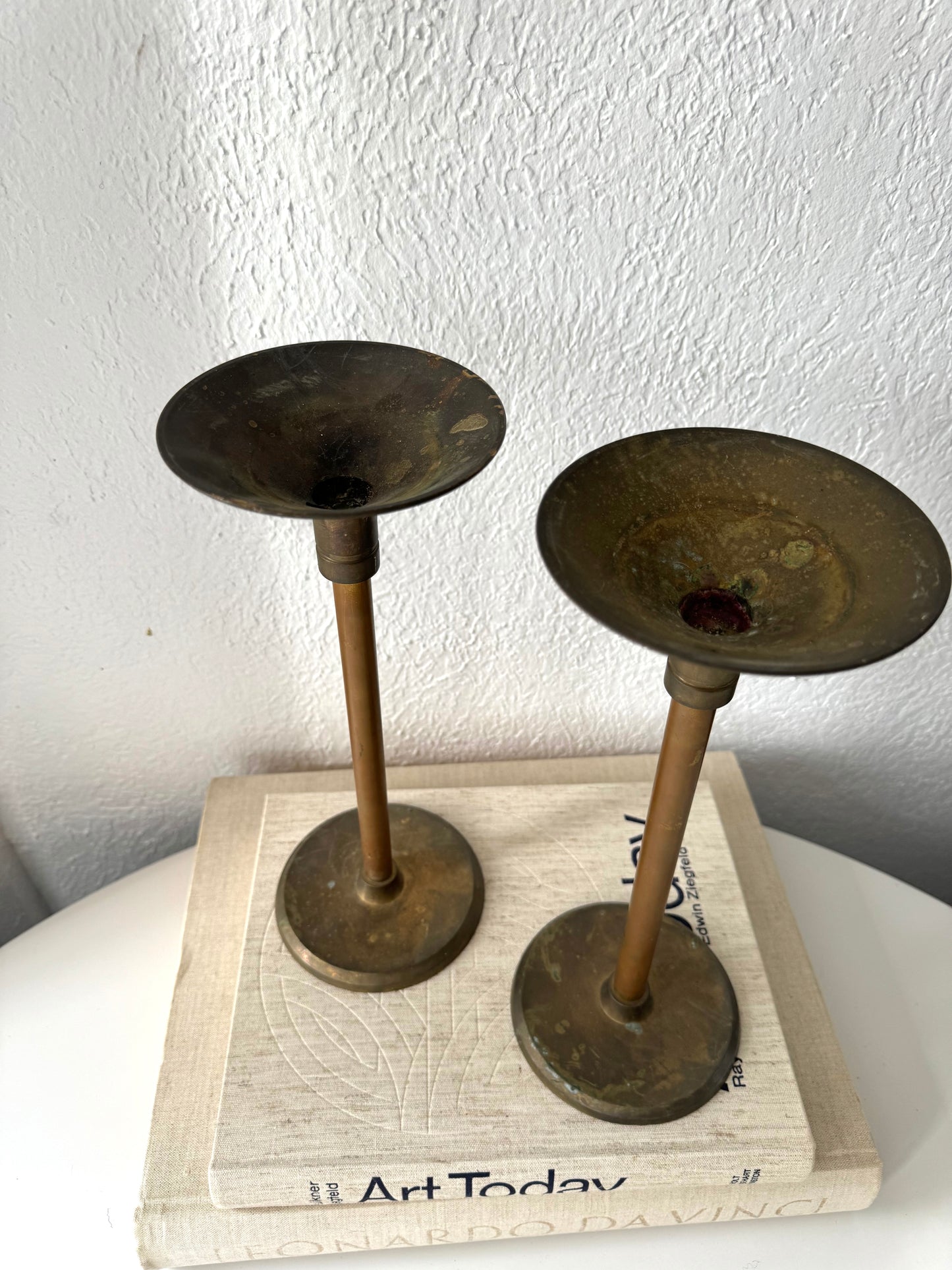 Pair brass MCM modernist taper candlestick holders | Set 2