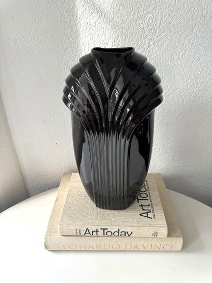 Art Deco Ribbed black glazed floor vase