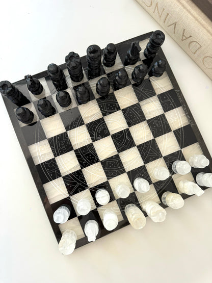 Onyx + marble etched Aztec calendar chess set