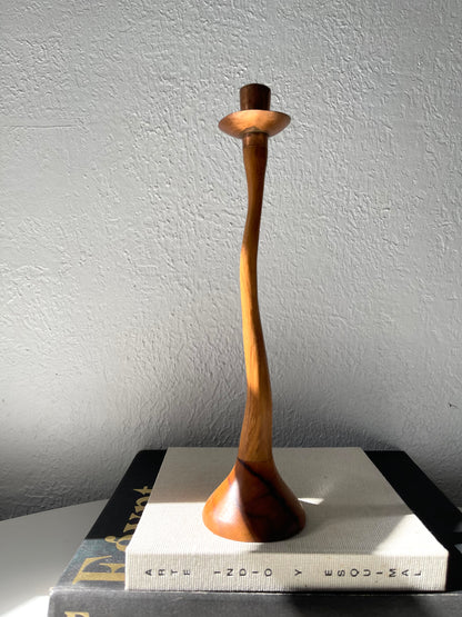 MCM Art Deco wavy candle stick holder | copper top + wood base