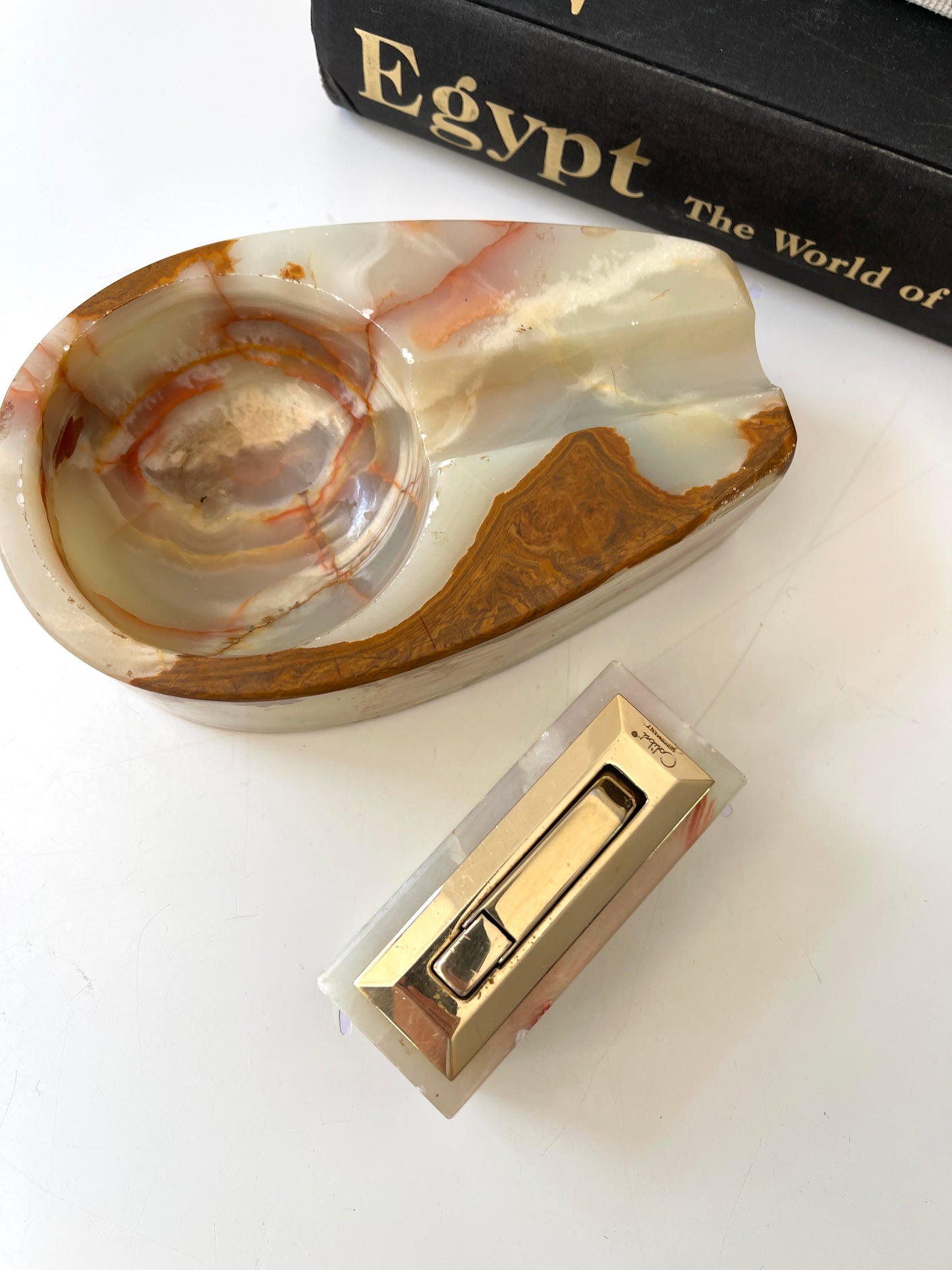 MCM onyx | marble ashtray + lighter set | vintage table decor
