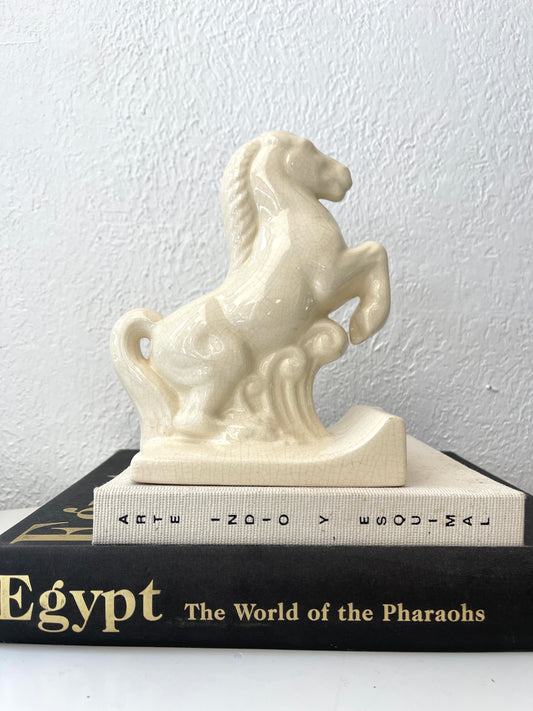 Vintage ceramic cream glazed horse bookend | vintage horse statue decor