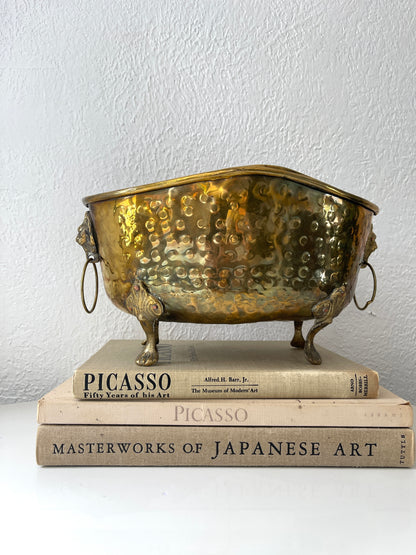 Vintage hammered brass lion handled clawfoot planter | brass planter