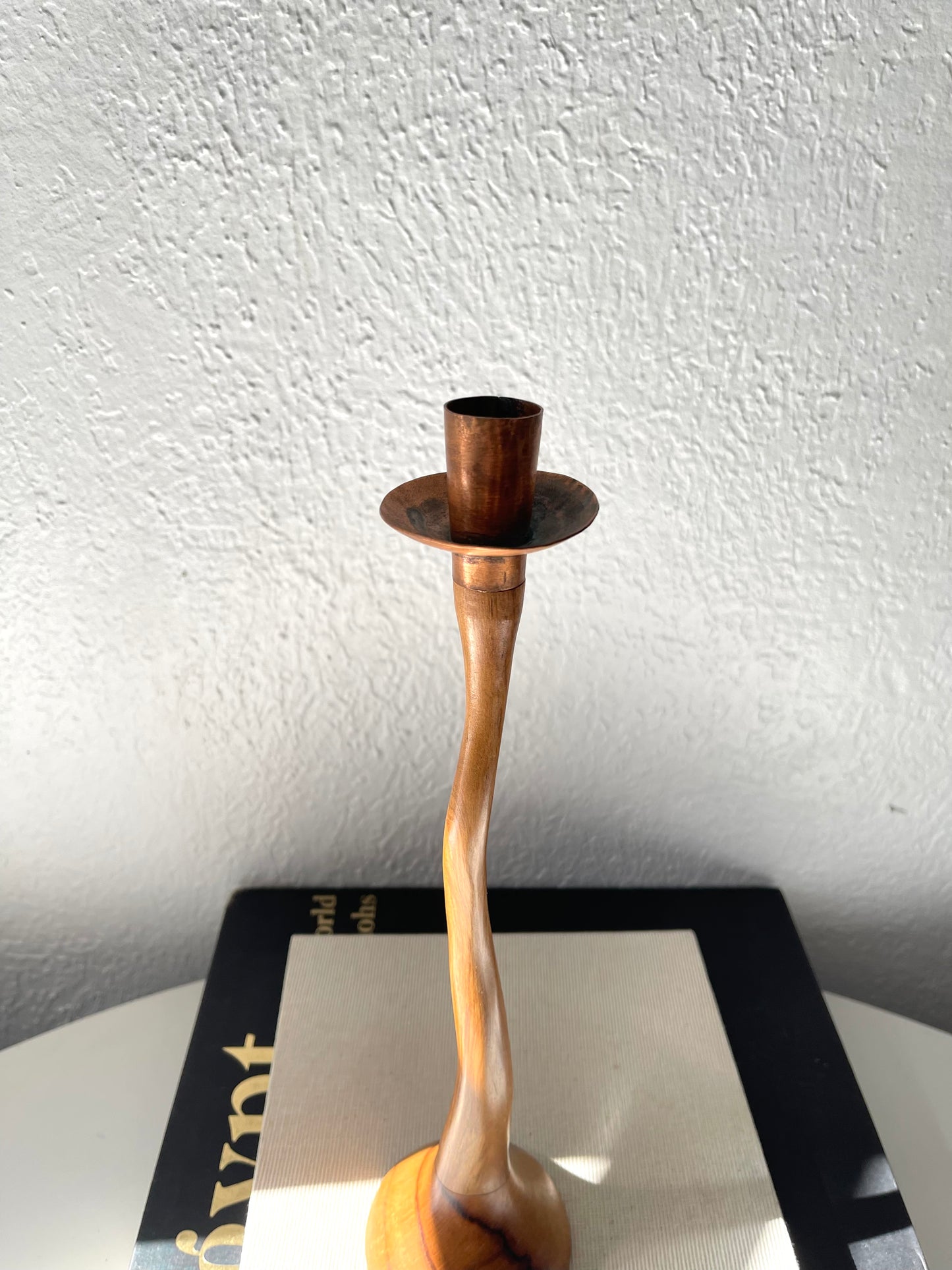 MCM Art Deco wavy candle stick holder | copper top + wood base