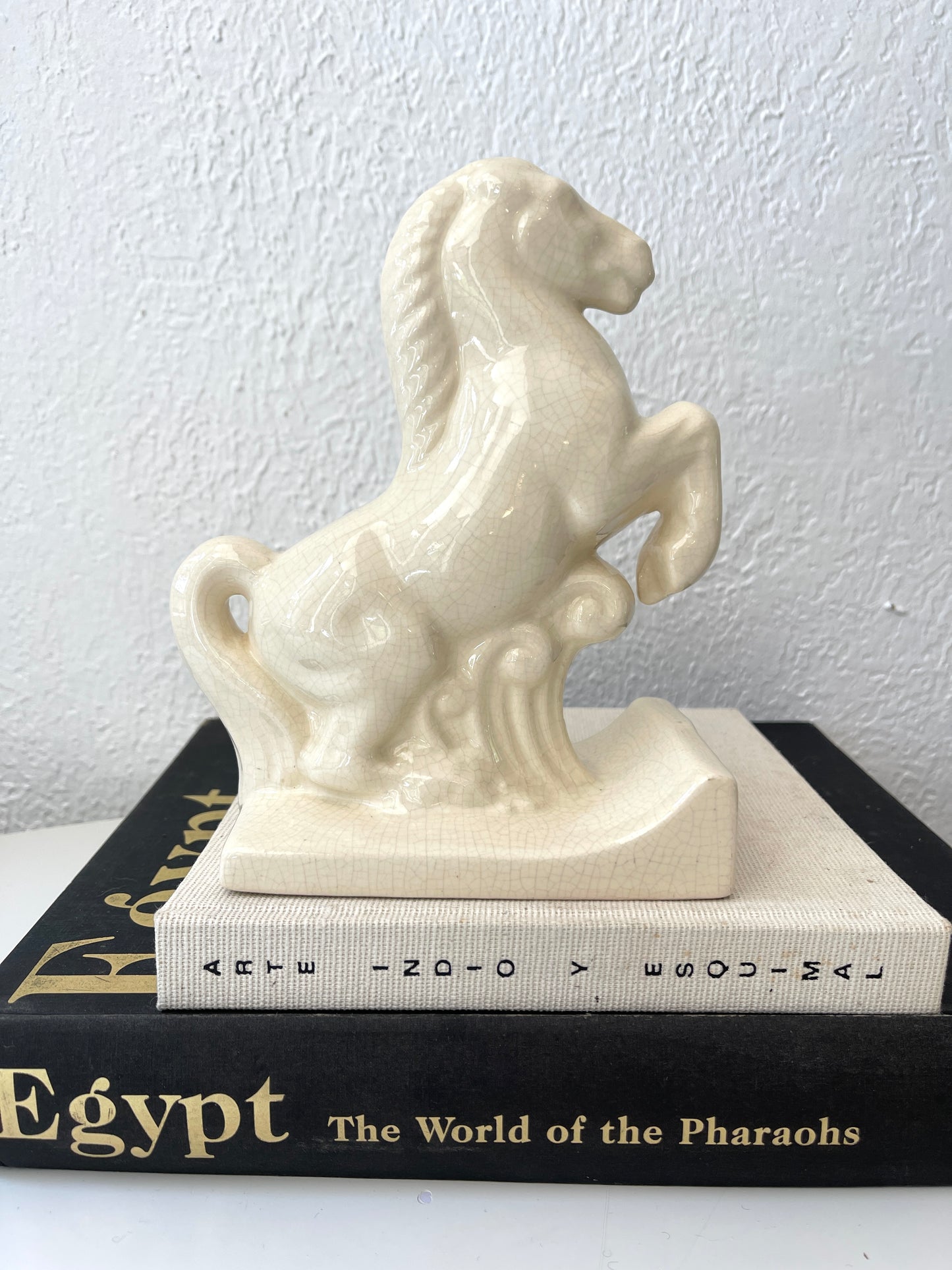 Vintage ceramic cream glazed horse bookend | vintage horse statue decor