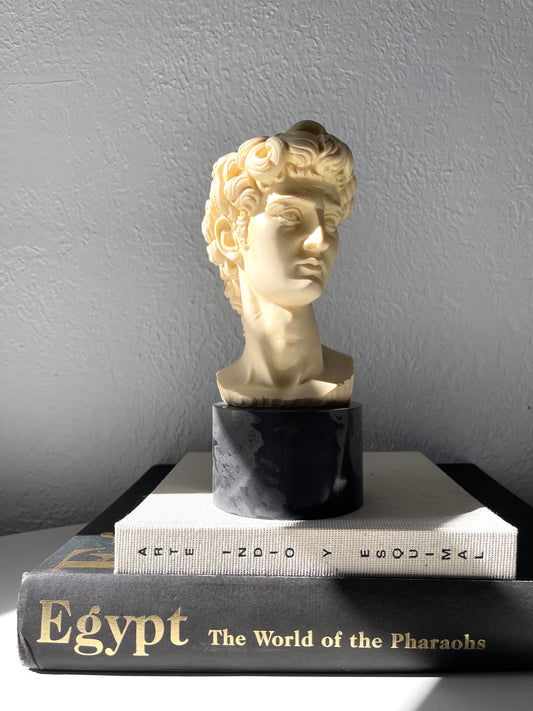 Vintage signed alabaster statue of David on marble base | Greek statue table decor