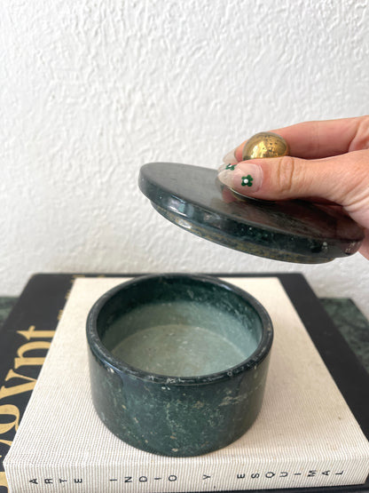 Vintage MCM lidded green marble + brass catchall | jewelry box