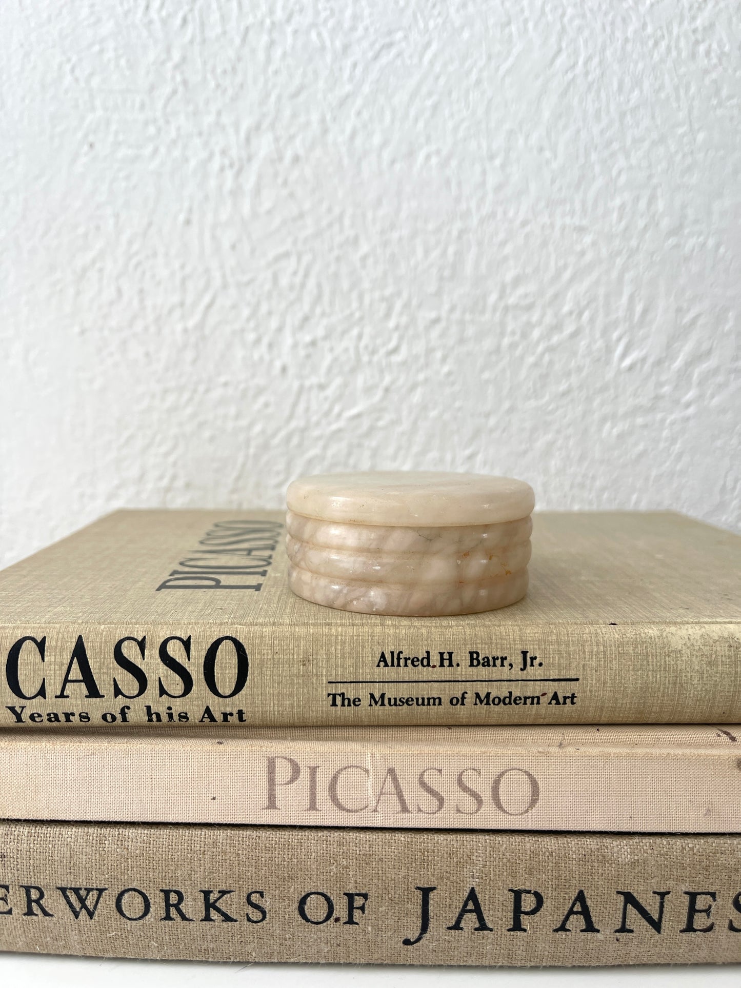 Vintage Art Deco round alabaster trinket box | lidded catchall | made in Italy