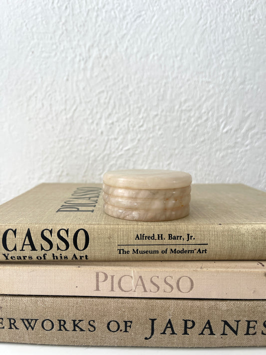 Vintage Art Deco round alabaster trinket box | lidded catchall | made in Italy