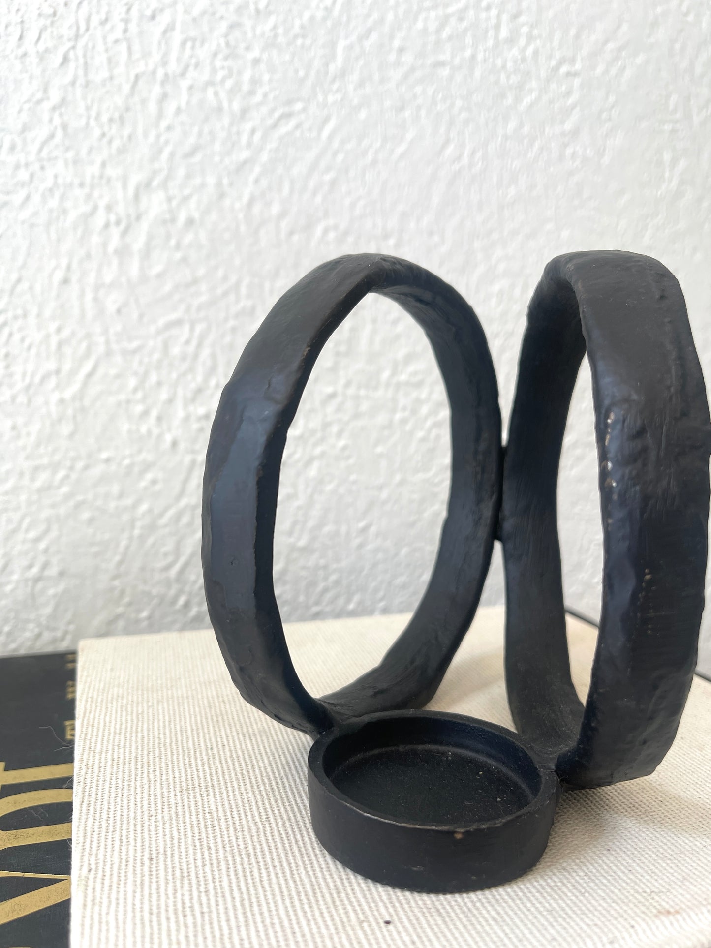 Modern abstract black metal 2 Ring tea light candle holder