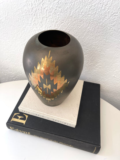 Vintage Art Deco black brass etched vase