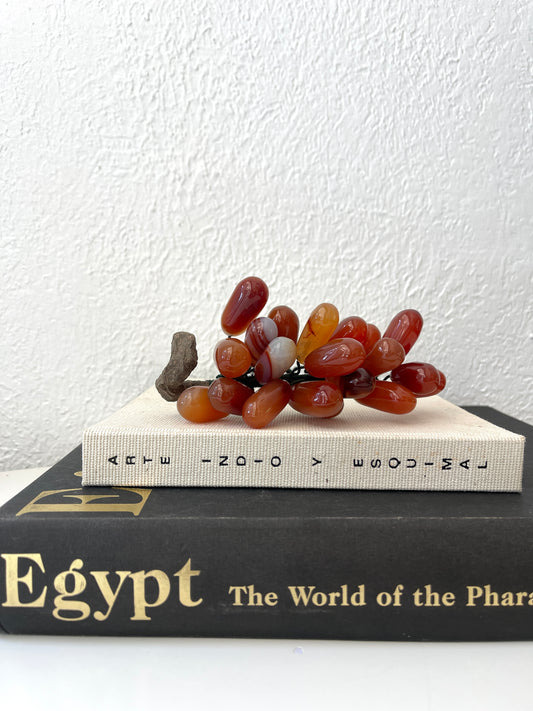 Vintage MCM amber carnelian stone grape cluster w/ wood stem