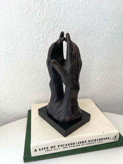 Vintage Auguste Rodin reproduction metal bronzed hand sculpture on marble base