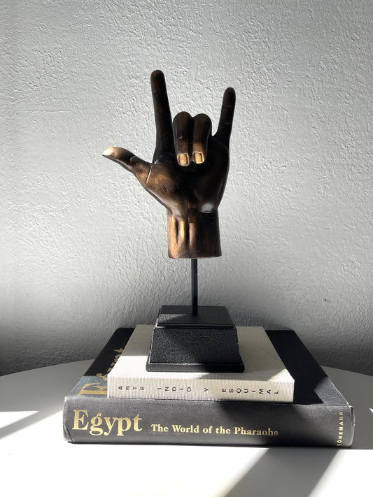 Vintage bronzed finish | sign language hand sculpture on wood base