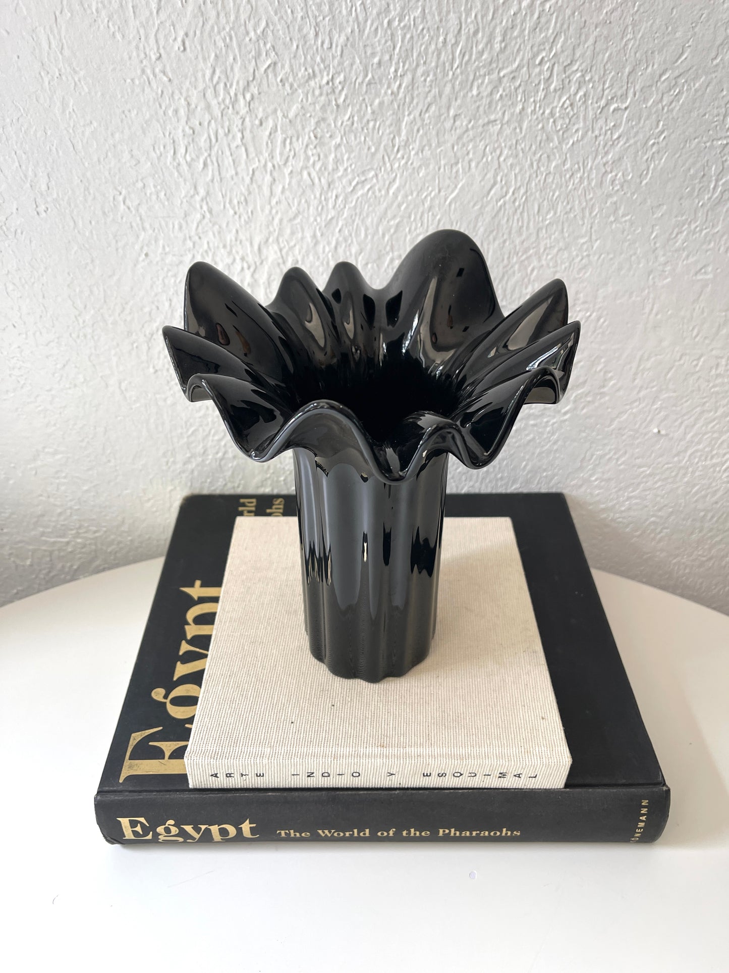 Vintage ceramic black glazed ruffled Fritz + Floyd vase