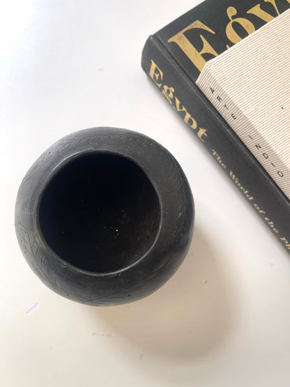 Vintage handmade black etched pottery footed vessel | catchall