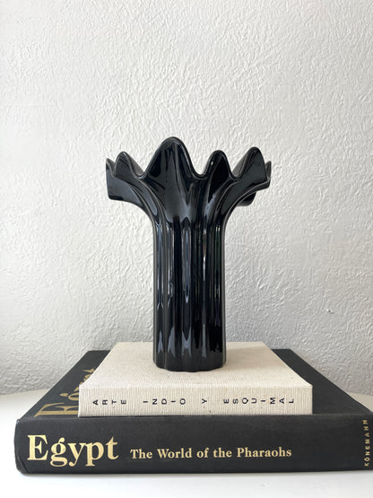 Vintage ceramic black glazed ruffled Fritz + Floyd vase