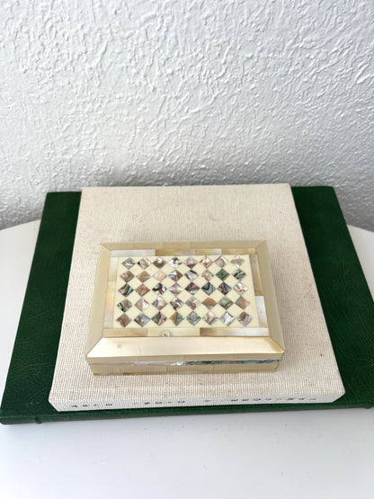 Vintage mother of pearl jewelry box w/ hinged top + red felt lining