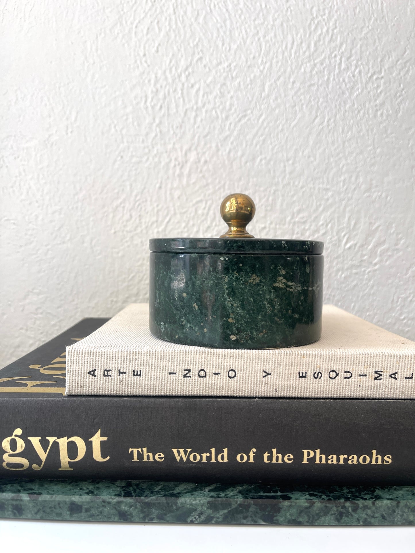 Vintage MCM lidded green marble + brass catchall | jewelry box