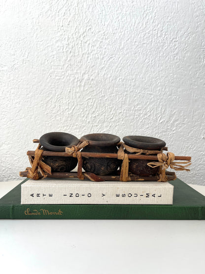 Vintage set of primitive clay herbal incased apothecary jars