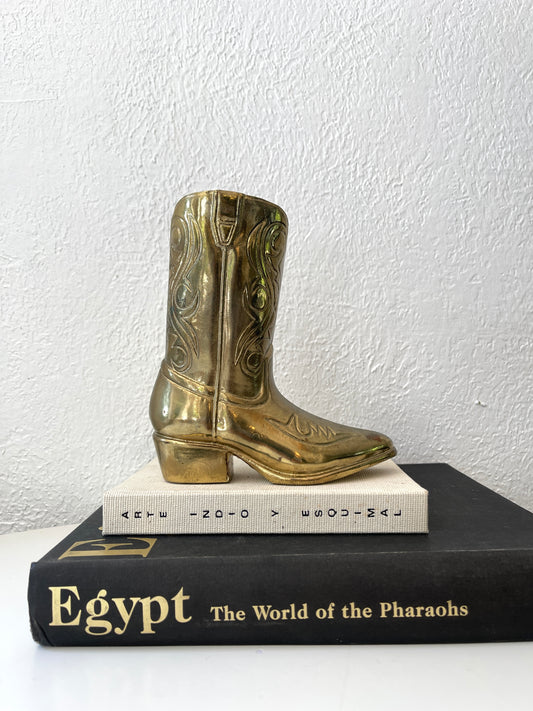 Vintage gold toned metal cowboy boot planter | vase| vintage shelf decor