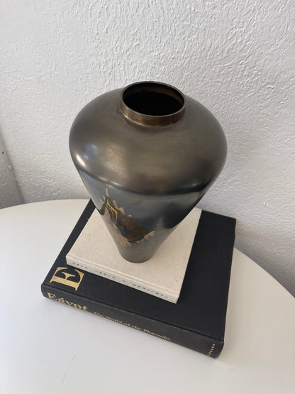 80’s Art Deco black brass etched vase |