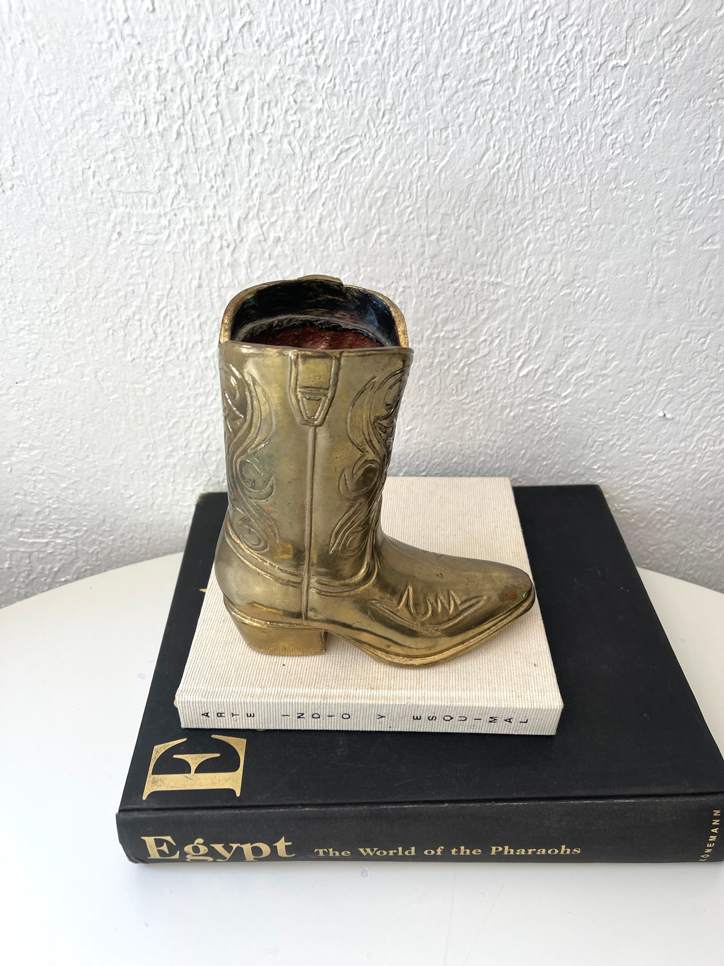 Vintage gold toned metal cowboy boot planter | vase| vintage shelf decor