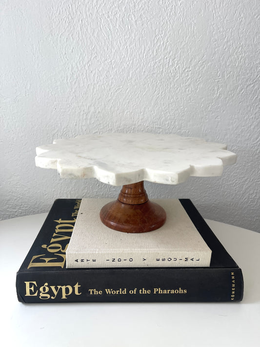 Vintage marble + wood cake stand | scalloped marble cake stand