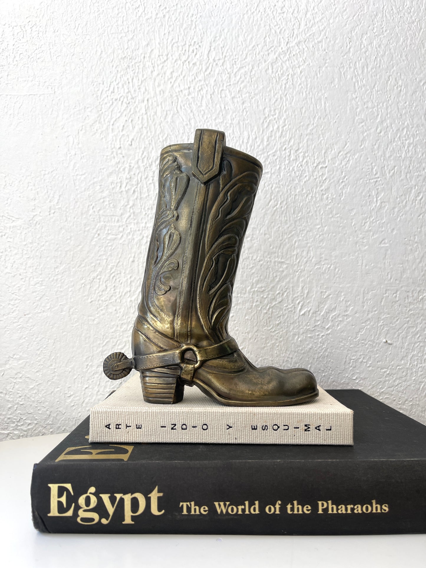 Vintage cast metal boot with spur planter | vase | vintage shelf decor