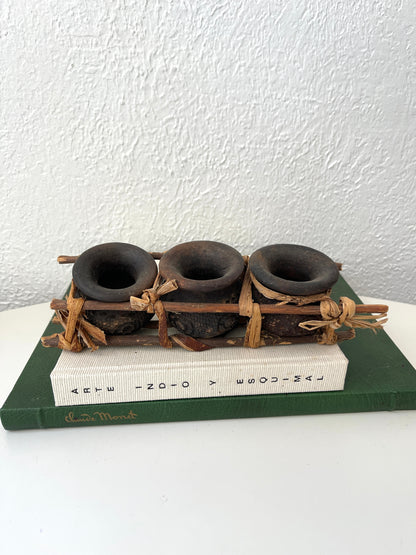 Vintage set of primitive clay herbal incased apothecary jars
