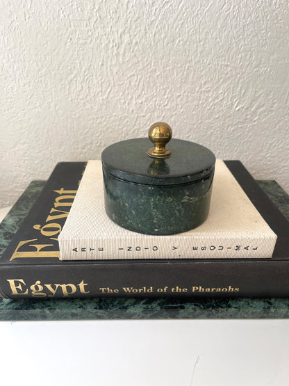 Vintage MCM lidded green marble + brass catchall | jewelry box