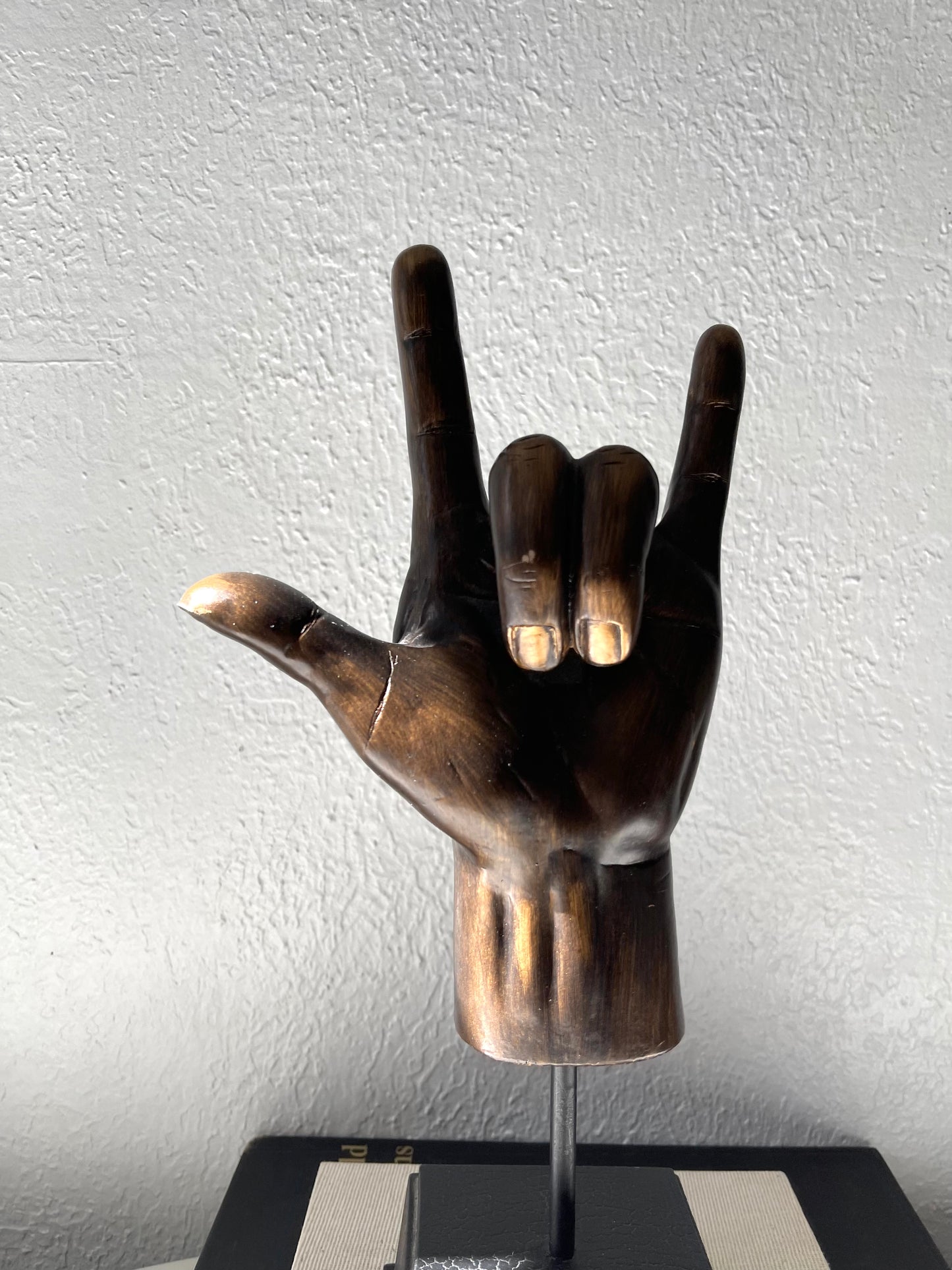 Vintage bronzed finish | sign language hand sculpture on wood base