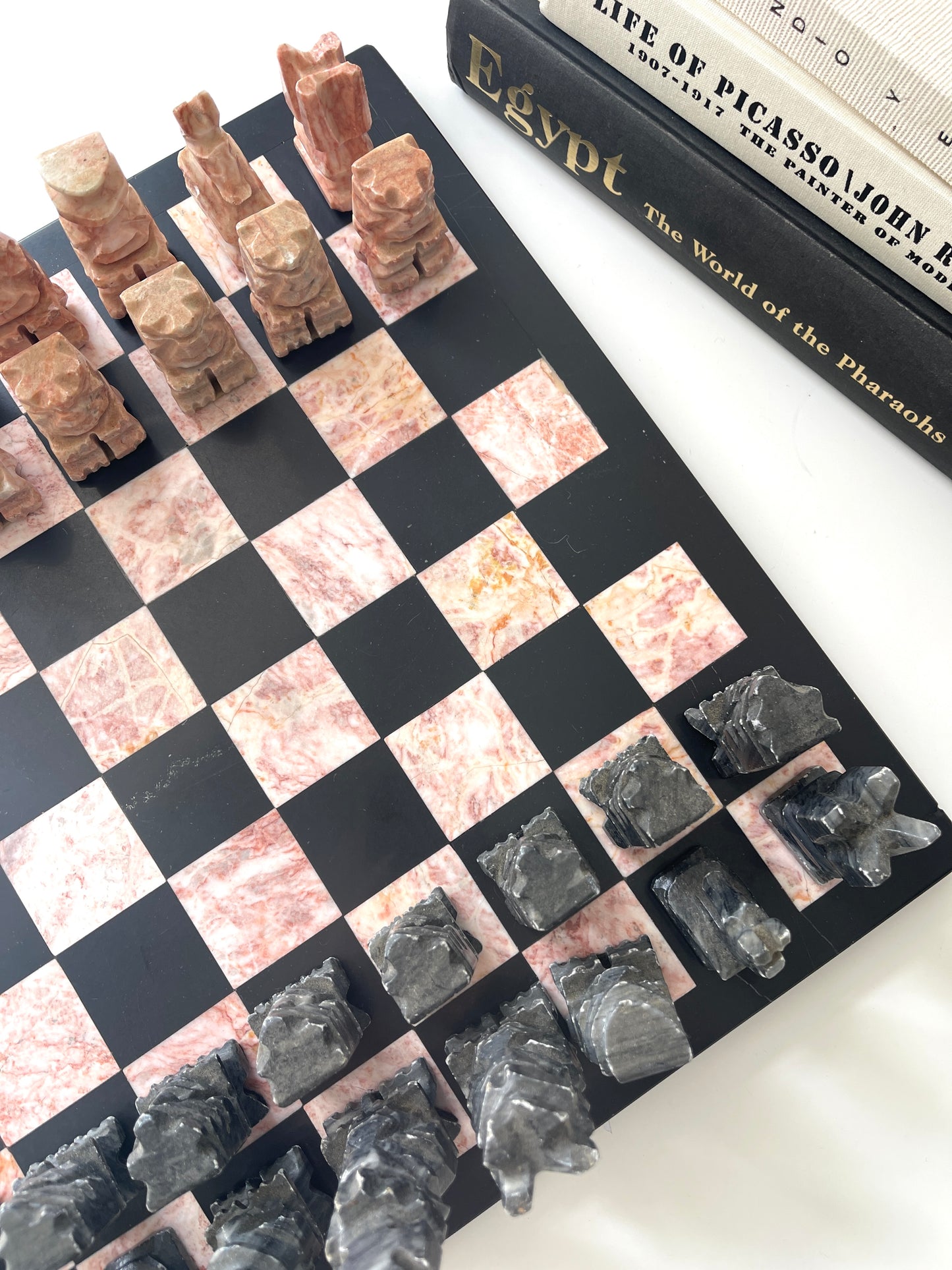 Vintage pink + black marble chess set | pieces included