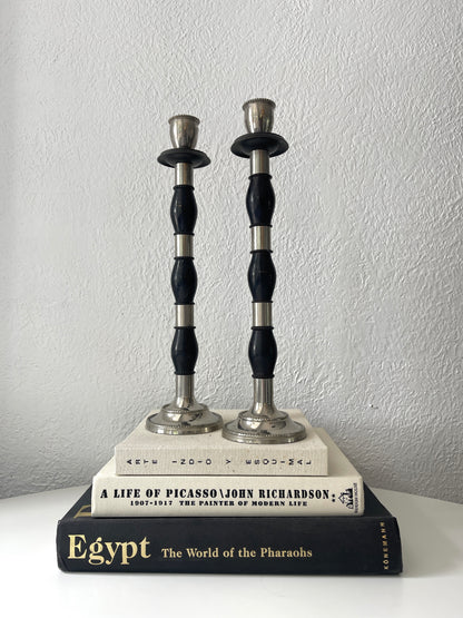 Vintage black + silver tone taper candlestick holders | Set 2