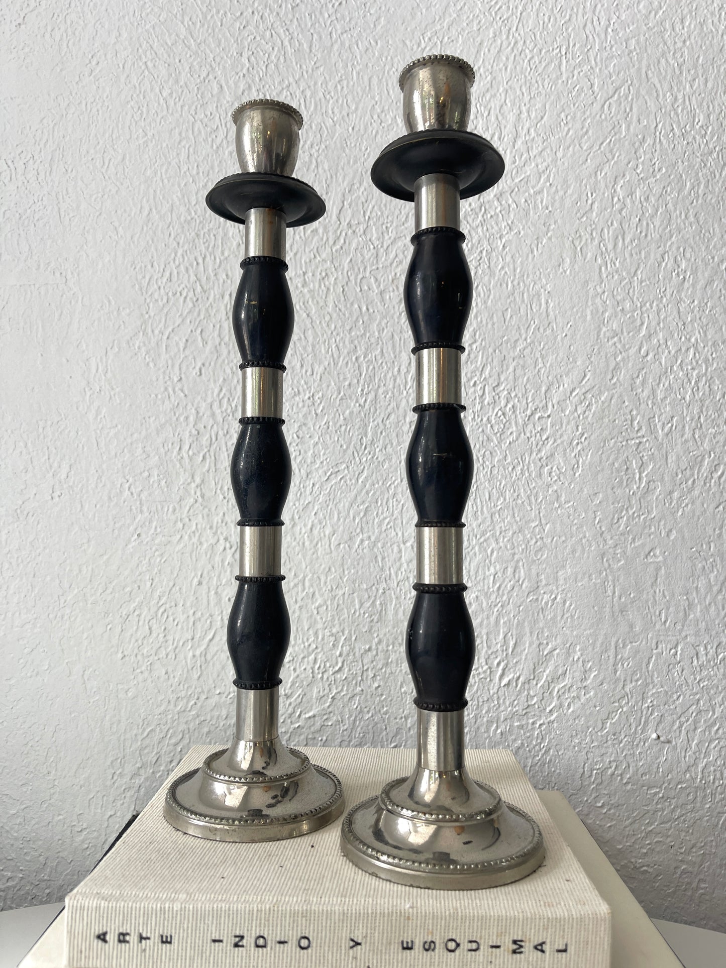 Vintage black + silver tone taper candlestick holders | Set 2
