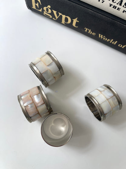 Mother of pearl + silver tone napkin rings | Set 4