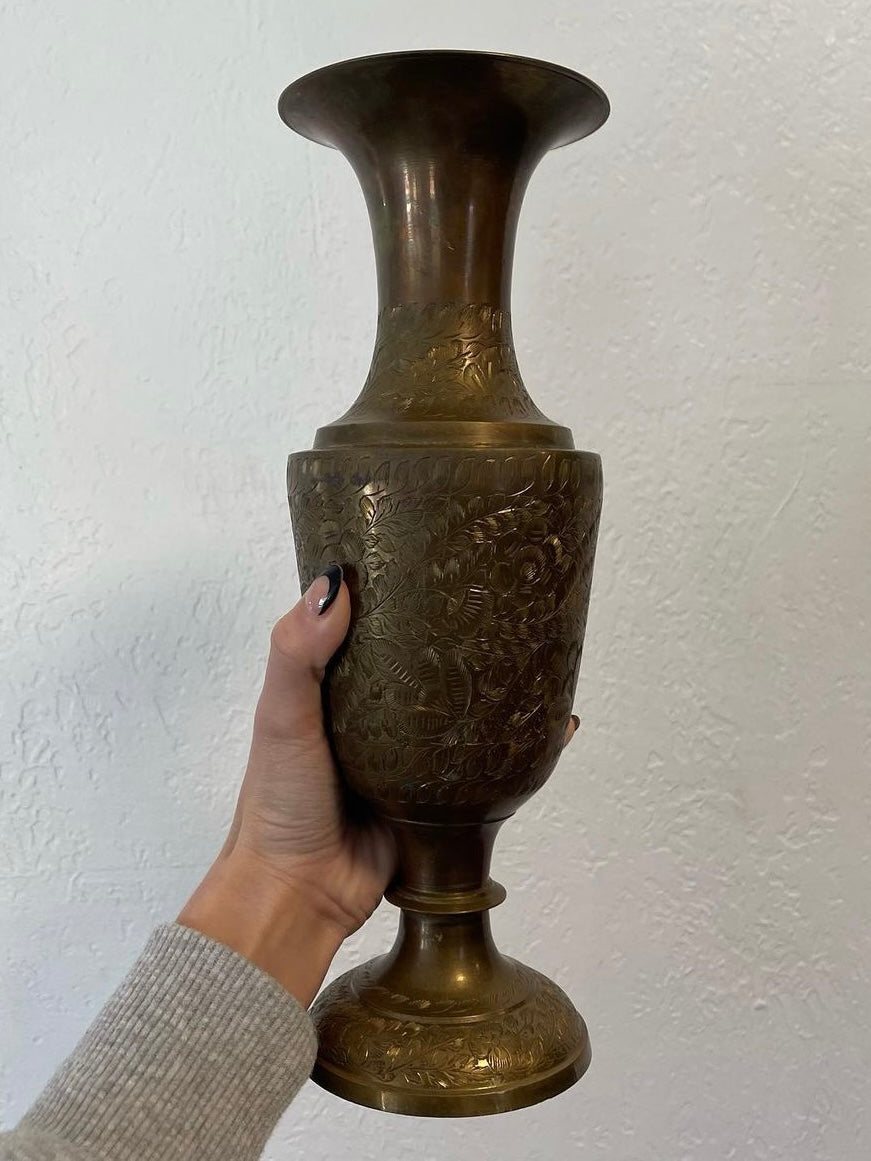 Vintage Etched Solid Brass Urn Vase